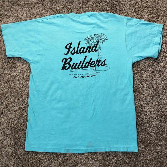 Men’s Basic Light Blue Island Builders Logo Graphic Tee - Picture 2 of 3